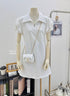 Zipper Collar Down Rose Decor Short Sleeves Mini Dress